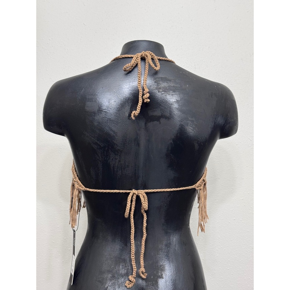 Fashion Nova Palm Springs Crochet Fringe Halter Bikini Top Brown Sz M/L Boho NWT - Picture 2 of 6